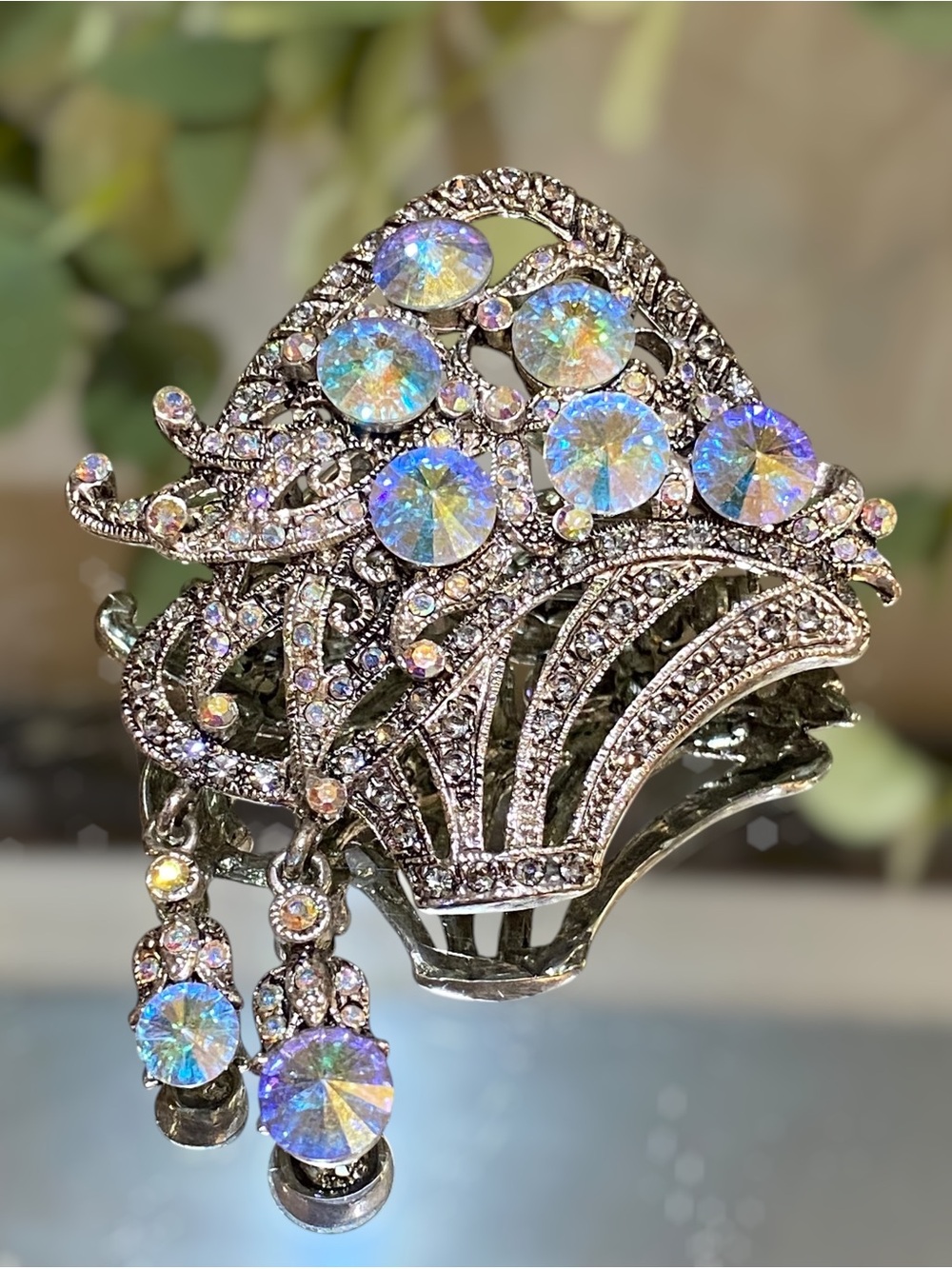 Vintage Rivoli Rhinestone Art Deco Brooch Aurora Borealis Crystal Large 3”